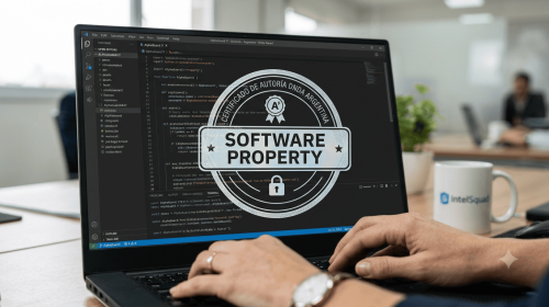 Código fuente en pantalla de laptop con sello digital de propiedad intelectual de software en Argentina de Intelsquad