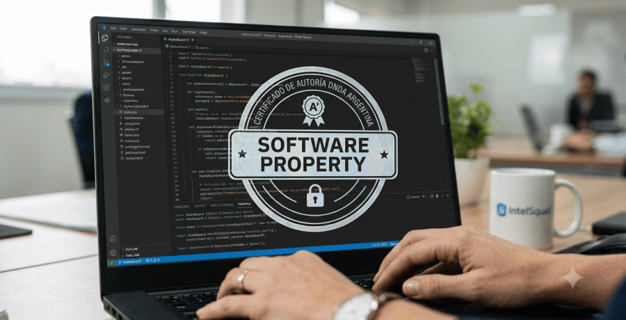 Código fuente en pantalla de laptop con sello digital de propiedad intelectual de software en Argentina de Intelsquad