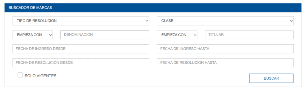 Captura de pantalla del buscador de marcas del INPI para verificar disponibilidad por clases en Argentina.
