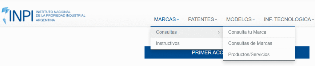 Captura de pantalla del buscador de marcas del INPI para verificar disponibilidad en Argentina.
